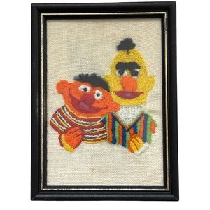 Adorable Vintage Handmade Ernie and Bert Crewel Embroidery Picture